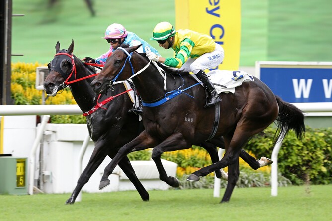 Sky Darci (outside) fends off Happy Healthy to claim the Lion Rock Trophy - Photo: HKJC