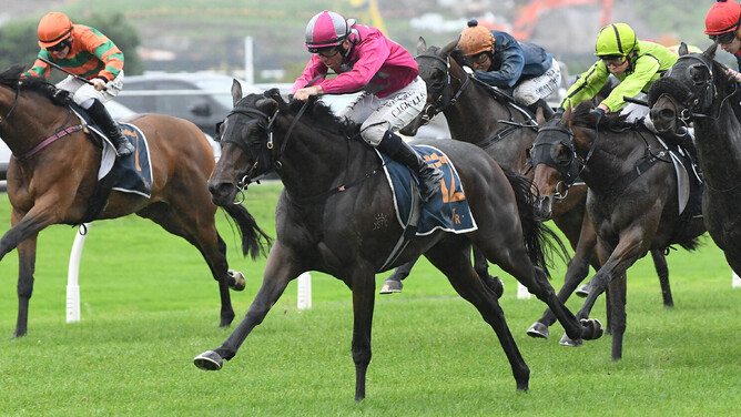Moonlight Magic powers down the outside to claim the Gr.3 Trelawney Stud Championship Stakes (2100m) at Ellerslie on Saturday.   - Photo: Kenton Wright (Race Images)