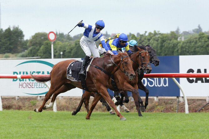 Apprentice jockey Bailey Rogerson claims an emphatic first black-type victory at Te Rapa aboard Just As Sharp. - Photo: Trish Dunell