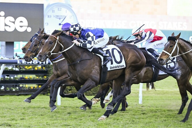 Ucalledit (outside) winning Saturday’s Listed Civic Stakes (1400m) at Randwick - Photo: Bradleyphotos.com.au