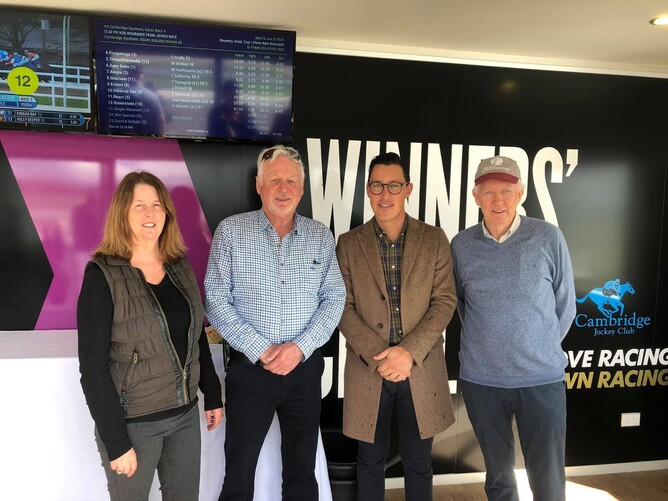Jane and Gordon Thomas-Long pictured with NZB's Kane Jones and Jim Bruford. - Photo: NZTBA