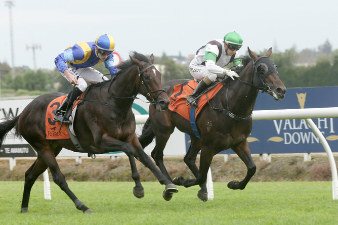Turn The Ace (outer) and Ryan Elliot win the Listed Waikato Equine Veterinary Centre 2YO Stakes (1100m) at Te Rapa. Photo Credit: Trish Dunell