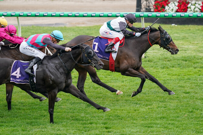 Mr Brightside (NZ) ridden by Craig Williams wins the VRC Champions Mile at Flemington on Saturday. - (Photo by Scott Barbour/Racing Photos)
