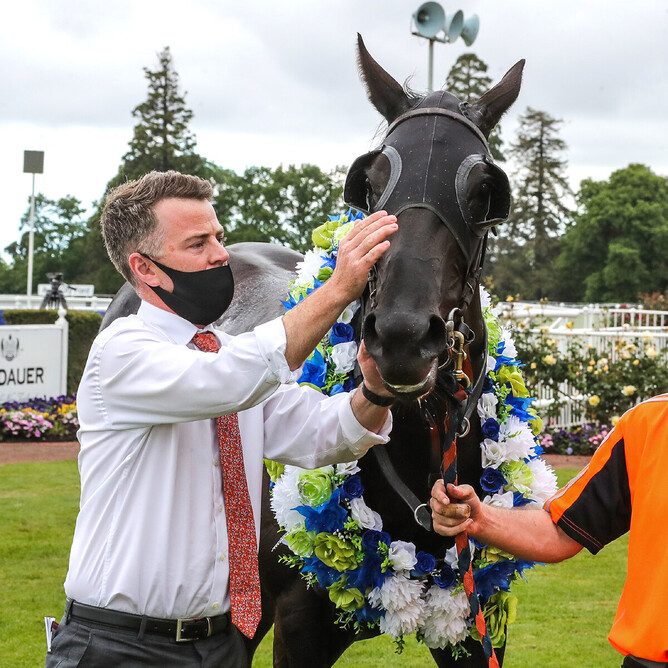 Jamie Richards with The Perfect Pink after her win at Riccarton Photo Credit: Race Images South