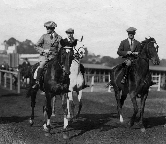 AT RANDWICK IN June 1920: The Prince of Wales, later given the title of the Duke of Windsor (aged 26) is on the left with Lord Louis Mountbatten (aged 20) following on the grey, and Ken Austin on the right.