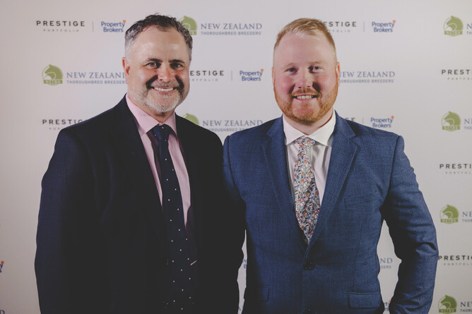 Jack Stewart (left) was named the Mary-Lynne Ryan Young Achiever at Saturday’s National Breeding Awards, pictured with Matt Ballesty of New Zealand Thoroughbred Racing - Photo: Christine Cornege