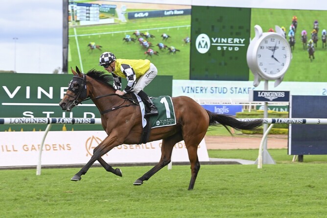 Prowess trounces her rivals in the Gr.1 Vinery Stud Stakes (2000m) under Mark Zahra - Photo: Bradley Photography