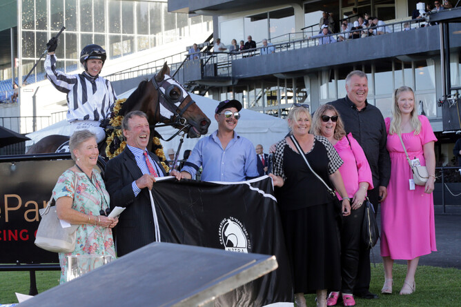 Breeder-owner David Woodhouse celebrates after Belclare's win in the Gr.1 New Zealand Thoroughbred Breeders' Stakes at Pukekohe. - Photo: Trish Dunell