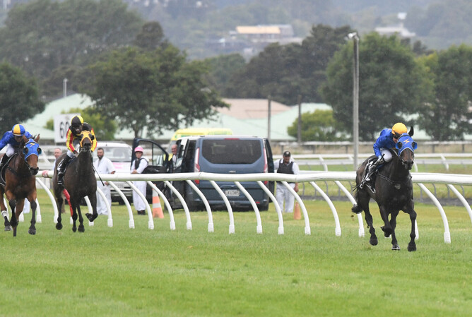 Sagunto puts on a front-running masterclass to claim back-to-back Gr.3 Humphries Construction Manawatu Cup (2300m) crowns with Lisa Allpress. - Photo: Peter Rubery (Race Images Palmerston North)