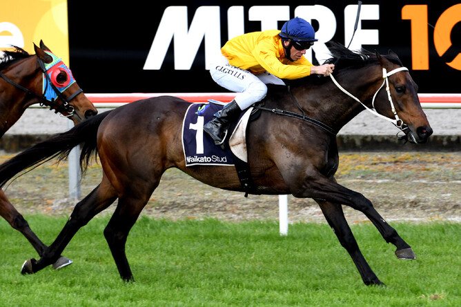 Vernanme stretches out nicely as he takes out the Listed team Wealleans Matamata Cup (1600m) Photo Credit: Race Images – Kenton Wright