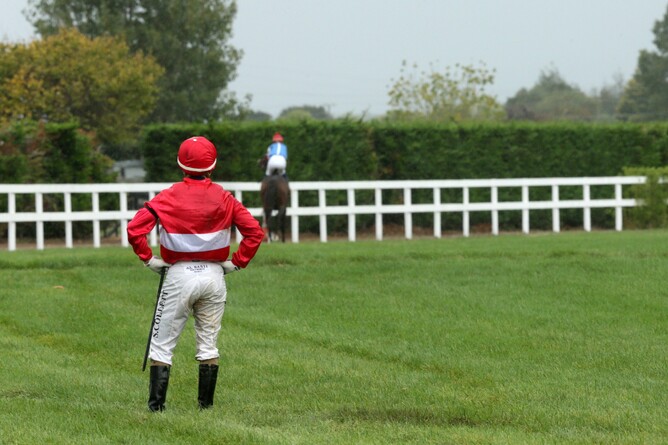 Jockey Sam Collett looks for her mount after falling following the finish to race three at Te Aroha Photo Credit: Trish Dunell
