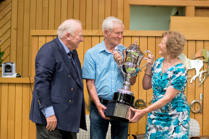 The New Zealand Breeder of the Year Award has been renamed in honour of Sir Patrick and Justine Lady Hogan, pictured with Sir Peter Vela (left). Photo: Sharon Chapman