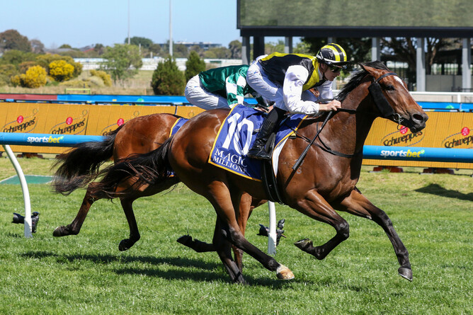 Torture winning the Listed Debutant Stakes (1000m) at Caulfield - Photo: Bruno Cannatelli