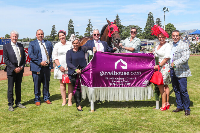 Loire winner of the G1 Gavelhouse.com NZ 1000 Guineas with her proud connections including her owners and breeders Brent and Cherry Taylor - photo Race Images