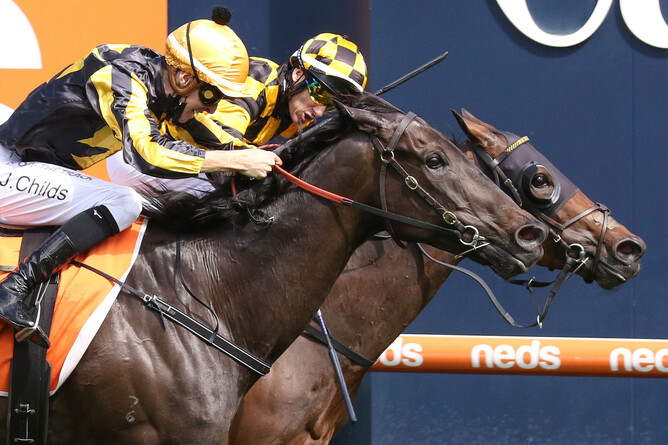 Brett Prebble gets the best out of Probabeel as she wins the Gr.1 Might And Power (2000m) at Caulfield Photo Credit: Bruno Cannatelli