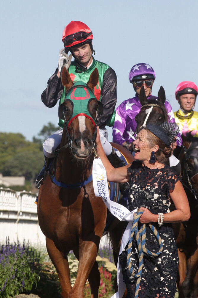 Co-owner Suzi Pomare beams with pride as she leads Ocean Billy back to the Ellerslie birdcage after his Gr.1 Barfoot & Thompson Auckland Cup (3200m) triumph Photo Credit: Trish Dunell