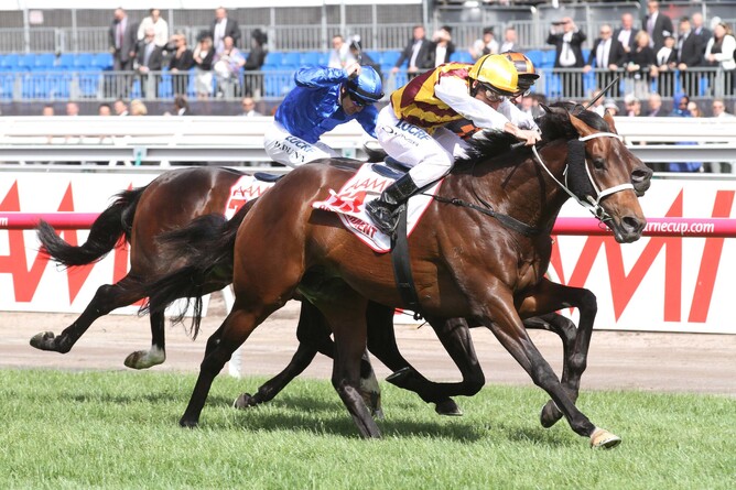 Preferment winning the VRC Gp.1 Derby - pic. Bruno Cannatelli