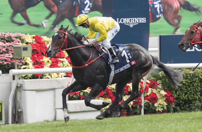 Lucky Sweynesse winning the 2023 Gr.1 Hong Kong Sprint. Photo: Hong Kong Jockey Club