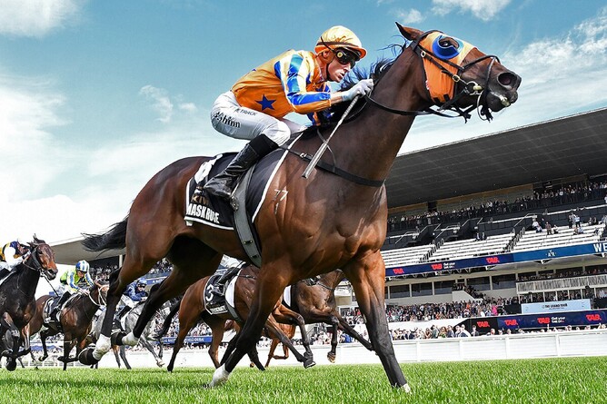 Damask Rose winning Saturday's $3.5 million Listed The NZB Kiwi (1500m) at Ellerslie.  - Photo: Kenton Wright (Race Images)