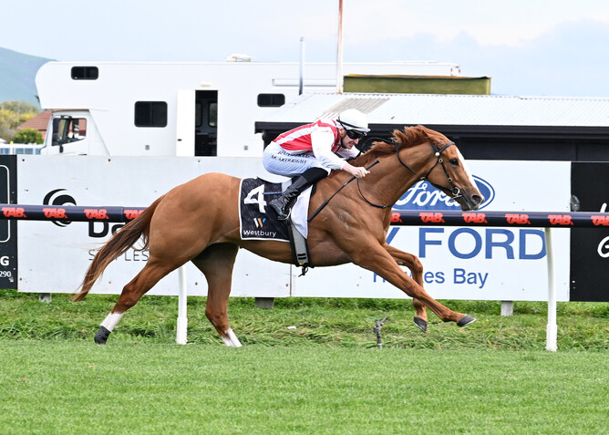 Poetic Champion powering away with the Listed El Roca - Sir Colin Meads Trophy (1200m) at Hastings on Saturday.  - Photo: Peter Rubery (Race Images Palmerston North)