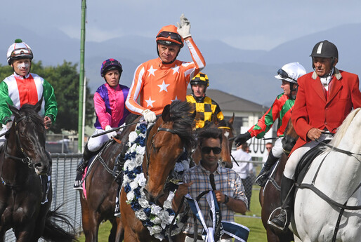 Desert Lightning and Vinnie Colgan after scoring in a turbulent running of the Gr.1 TAB Classic (1600m) at Trentham on Saturday.  - Photo: Peter Rubery (Race Images Palmerston North)