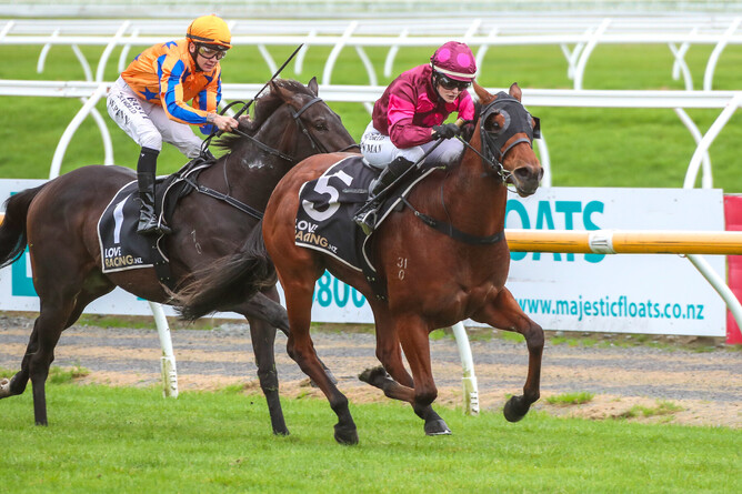 Illicit Dreams kicks on strongly to take out the Listed Berkley Stud Champagne Stakes (1200m) at Riccarton - Photo: Race Images South