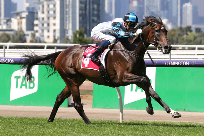 Flying Mascot winning the Gr.3 Matron Stakes (1600m) at Flemington on Saturday. - Photo: Bruno Cannatelli