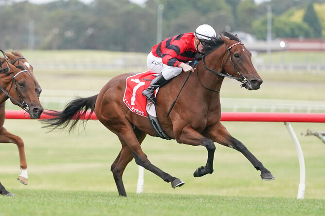 Progressive Turn Me Loose filly Ancient Girl winning at Sandown on Wednesday. Photo: Scott Barbour (Racing Photos)