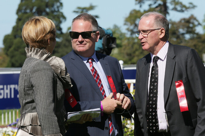Valachi Downs principal Kevin Hickman (right) with wife Jo and Stud Manager Jonathan Scully. Photo: Trish Dunell