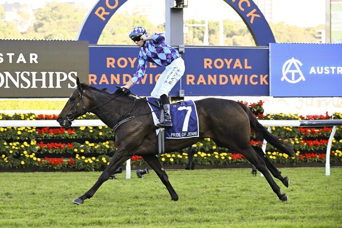 Declan Bates punches the air as Pride Of Jenni crosses the line well clear of her rivals - Photo: Bradleyphotos.com.au