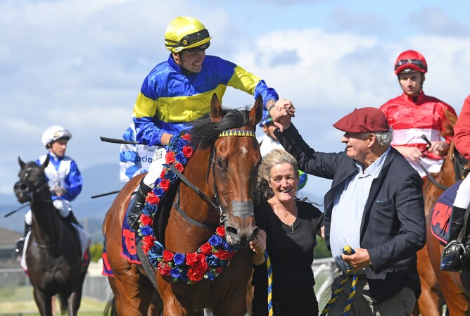 Grail Seeker upon winning the Gr.1 TAB Telegraph (1200m) at Trentham on Saturday.   - Photo: Peter Rubery (Race Images)