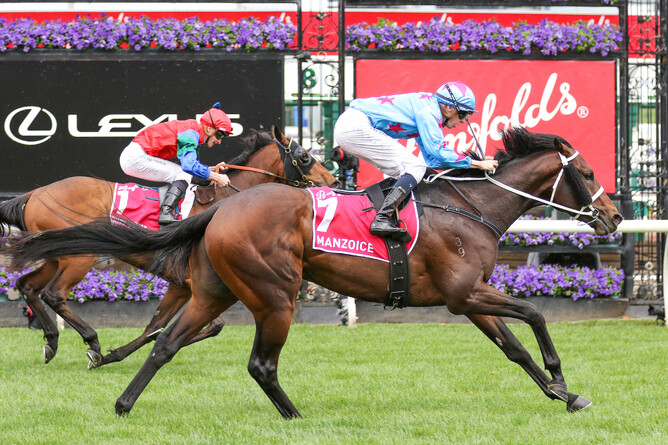 Manzoice claims the Gr.1 VRC Derby over Sharp 'N' Smart. - Photo: Bruno Cannatelli