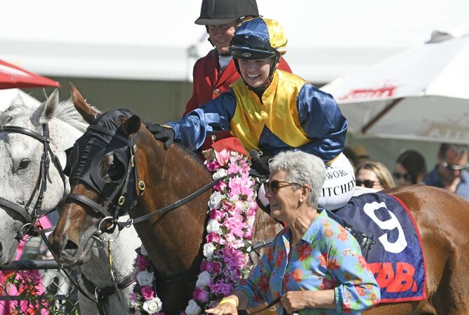 Isabel Barker with Blue Sky At Night after winning last Saturday's Gr.3 Waikato Cup (2400m) at Te Rapa.   - Photo: Race Images
