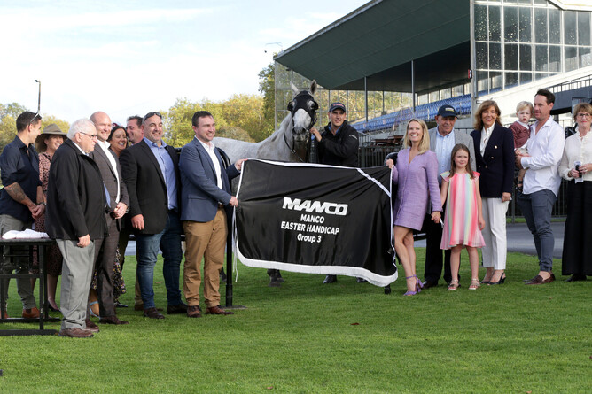 Sponsors and connections pose with White Noise after his win at Pukekohe - Photo: Trish Dunell