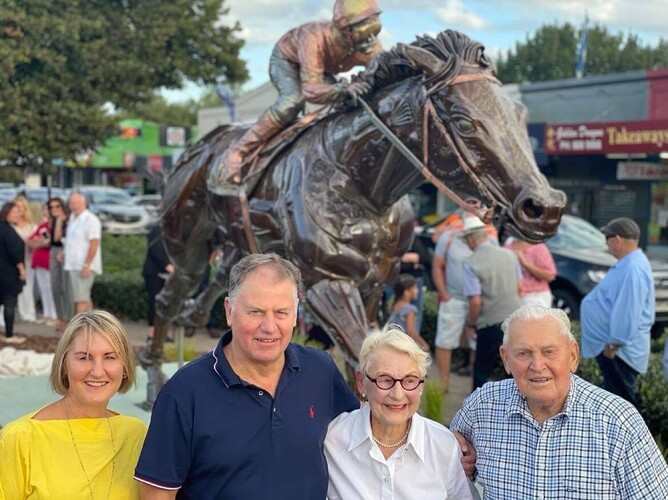 Justine Sclater, John, Irene and Colin Thompson at the statue unveiling in Matamata. - Photo: Supplied