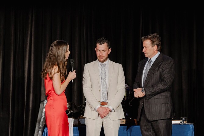 Emily Bosson with stallion handler Ryan Figgins and Mark Chiitick - Photo: Christine Cornege