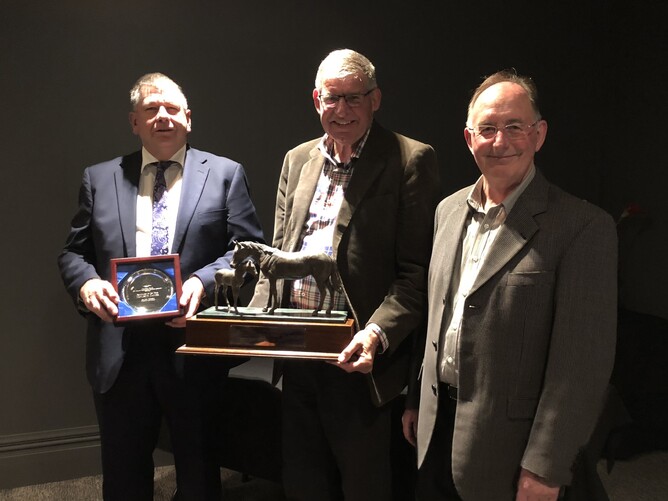 Ray Knight (centre) accepting the NZTBA Wellington Broodmare of the Year Award presented to Explosive Dancer on behalf of Luigi Muollo  pictured with Jeff Drinkwater and Wellington Branch President Darryl Burrow