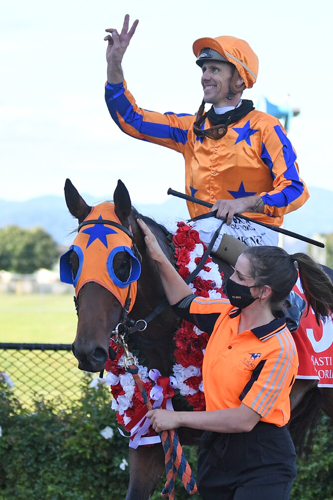 A smiling Jason Laking after his win aboard Belle En Rouge Photo Credit: Race Images