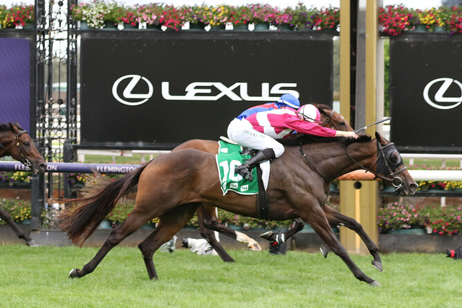Inspirational Girl downs Zaaki (obscured) to win the Gr.2 Blamey Stakes (1600m) at Flemington - Photo: Bruno Cannatelli