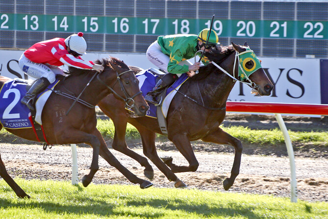 Ablaze recording one of his six wins in New Zealand for former trainers Brian and Shane Anderton. Photo: Race Images South