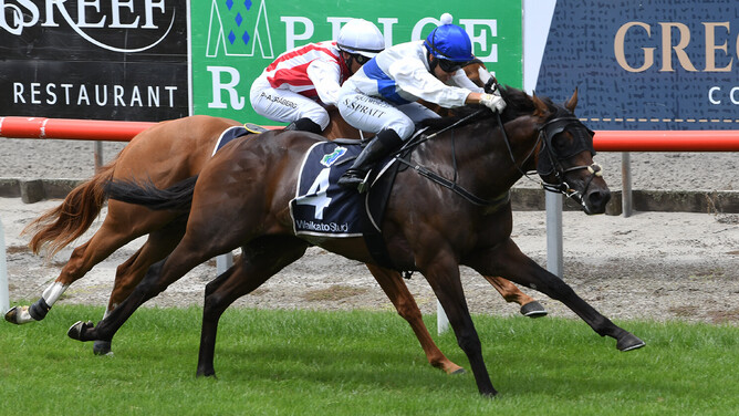 Savaglee bolts past Poetic Champion to claim the Gr.3 Fairview Matamata Slipper (1200m) at Matamata on Saturday.  - Photo: Kenton Wright (Race Images)