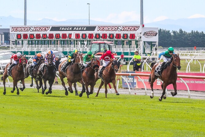 Just Charlie winning the Listed Metropolitan Trophy (2600m) at Riccarton on Saturday. - Photo: Ajay Berry (Race Images South)