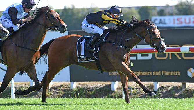 Johny Johny and apprentice Jim Chung power home in the Gr.3 Sweynesse Stakes (1200m) at Te Rapa.  - Photo: Kenton Wright (Race Images)