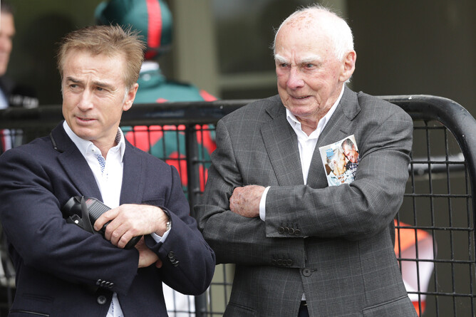 Dave O’Sullivan, with his son Lance, attended his 60th consecutive National Yearling Sale at Karaka this week. Photo: Trish Dunell