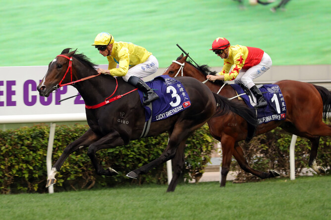 Lucky Sweynesse winning the Gr.1 Queen’s Silver Jubilee Cup (1400m) at Sha Tin on Sunday. - Photo: HKJC