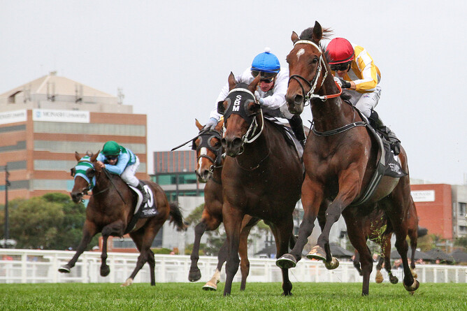 Gold Wolf (red cap) heads Antrim Coast to win the Listed Galilee Series Final at Caulfield - Photo: Bruno Cannatelli
