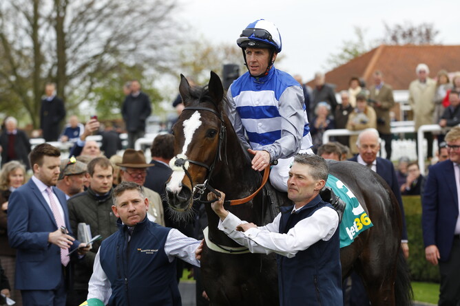 Eminent and jockey Jim Crowley after the Craven Stakes - racingfotos.com
