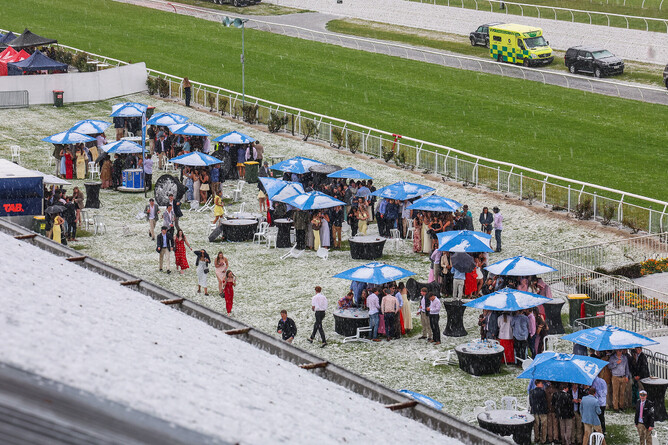 Riccarton is sheeted in hail after an extraordinary storm on New Zealand Cup Day - Photo: Race Images South