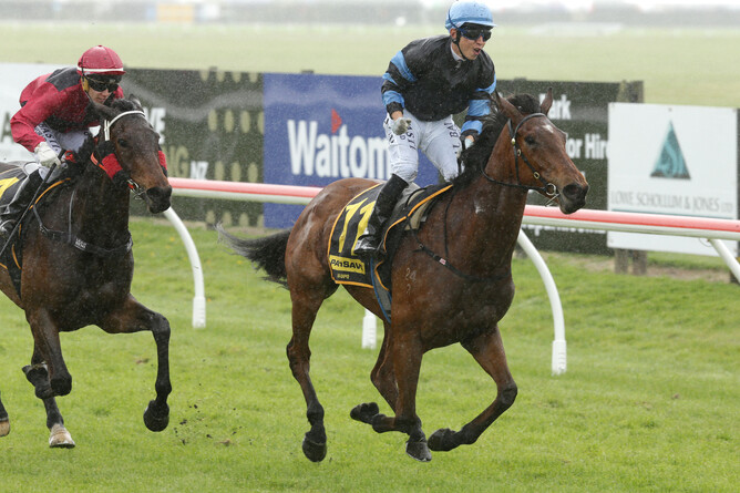 Joshua Kam celebrating on Sweet Treat after winning the Listed Staphanos Classic - Trish Dunell