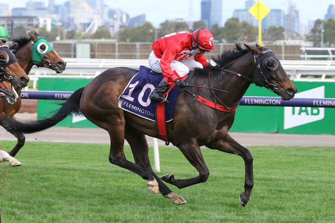 Justacanta sprints clear to win the Listed Paris Lane Stakes (1410m) at Flemington Photo Credit: Bruno Cannatelli